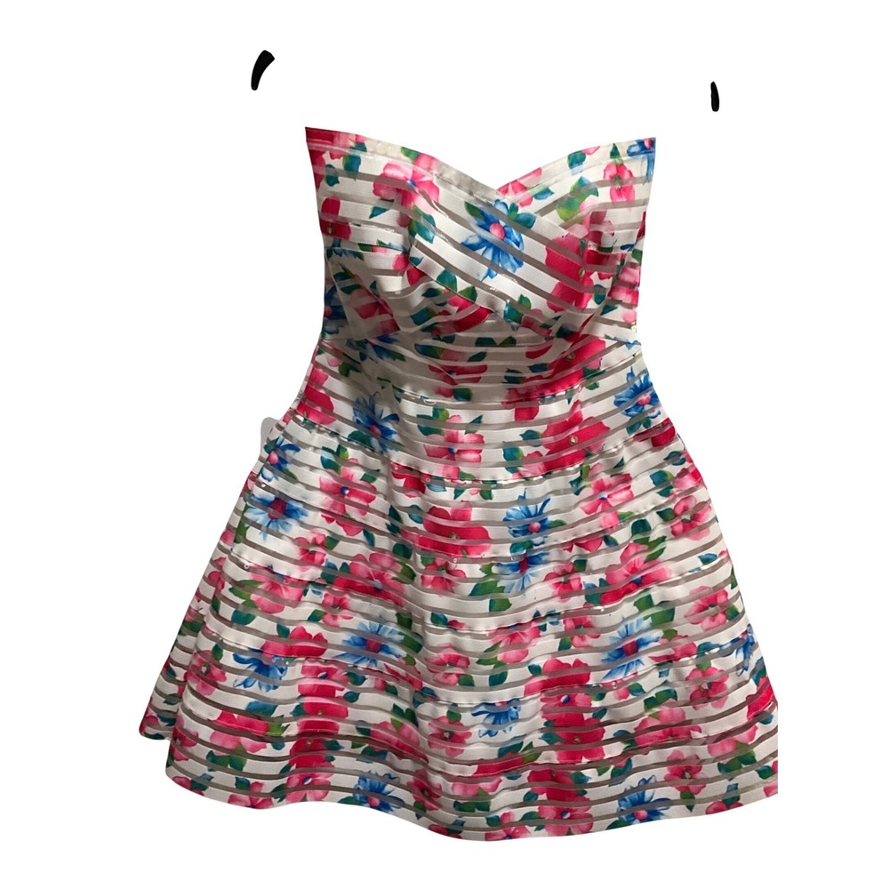 WOW couture Strapless Floral Fit-and-Flare Dress in White, Pink, Blue, Green